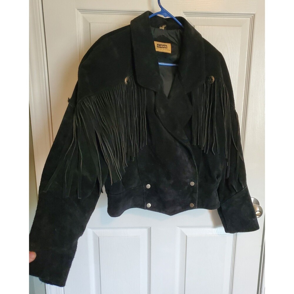 G4000 Genuine Leather Black Suede Fringed Motorcycle Jacket Waist Length Size M - Picture 2 of 12